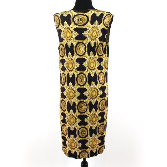 Versace Jeans Black Gold Design Draping Neckline Sleeveless Shift Dress Size 48 - Picture 5 of 8